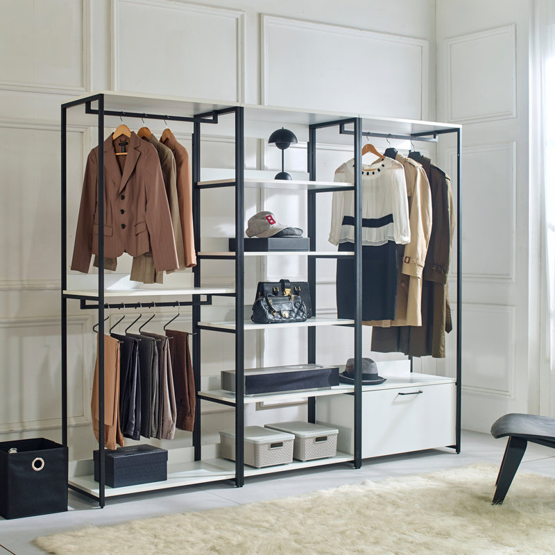 Système de garde-robe autoportant en bois avec cadre en métal, H 77,7 po x l 143 po x P 17,3 po