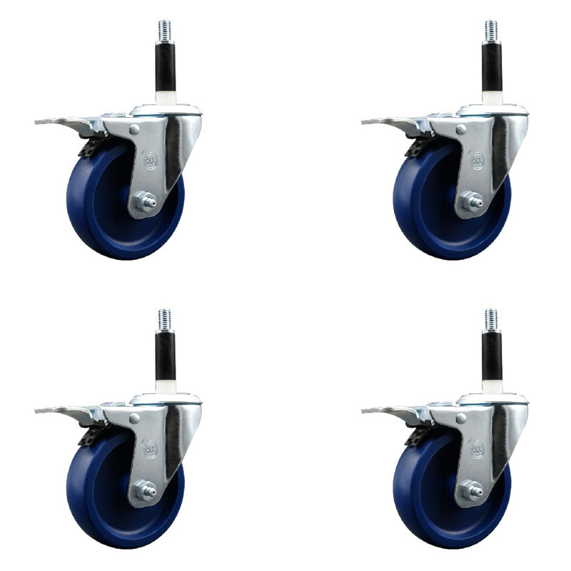4 Inch SS Solid Poly Swivel 7/8 Inch Expanding Stem Caster Set Total Lock Brake