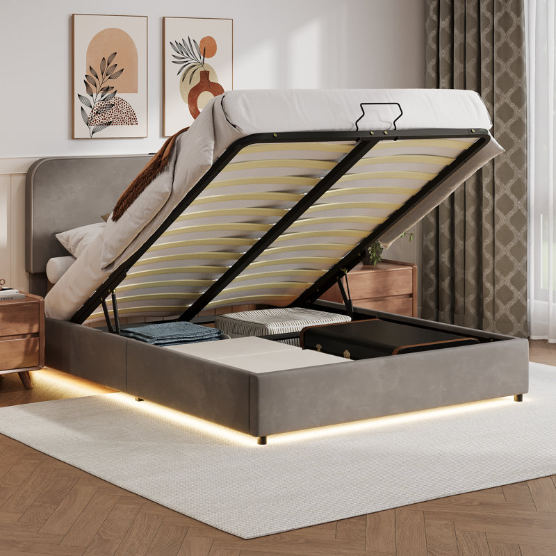 Lit plateforme de rangement hydraulique grand format avec lit tapissier, lit de rangement relevable avec lumière DEL RVB, haut-parleur Bluetooth, aucun sommier nécessaire, velours litchi