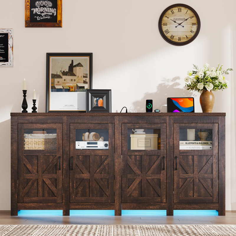 74" LED Farmhouse TV Stand For Tvs Up To 85" With Power Outlets And Adjustable Shelves, Brown, 35.5" H x 74" L x 15.75" W