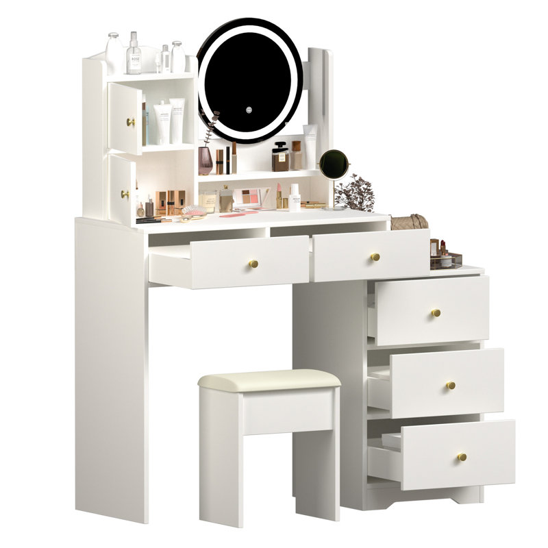 Fashionable Vanity Table With Lights & Mirror, 3 Lighting Modes, White, Bedroom Storage, Adjustable Shelf Modern Makeup Chair And - Shelves, Multiple