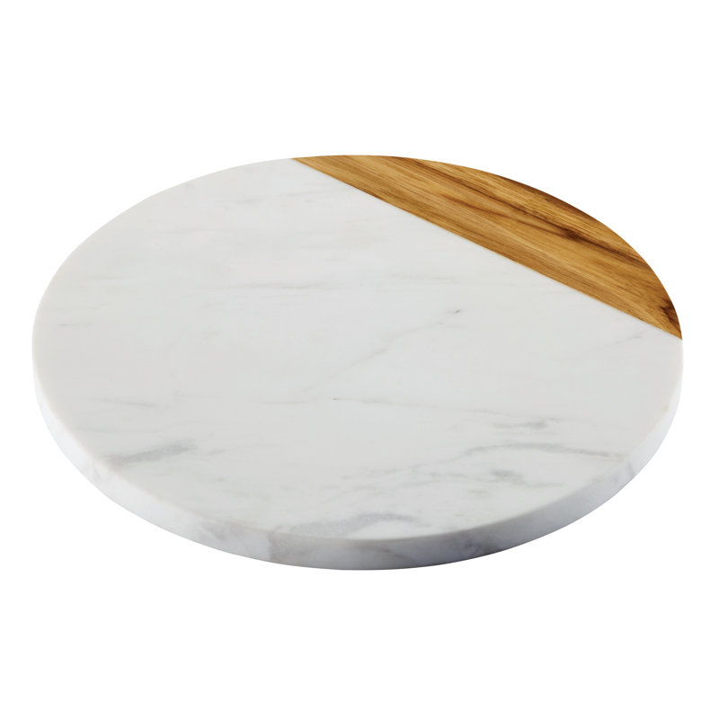 White Marble and Teakwood Round Serving Board, 10-Inch