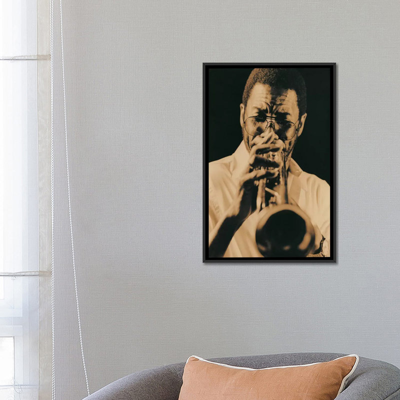 Jazz Trumpet Player Vintage Photographic Print on Canvas, 26" H x 18" W x 1.5" D, Black Framed Canvas, No Mat