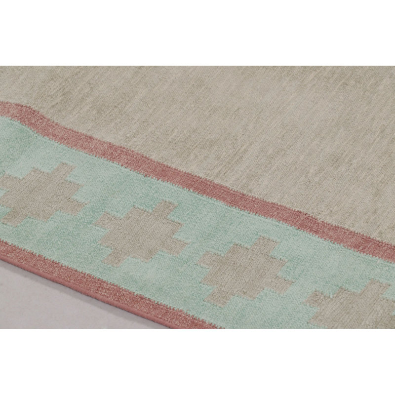 Rug & Kilim’S Contemporary Dhurrie Rug In Beige With Light Blue And Rose Border