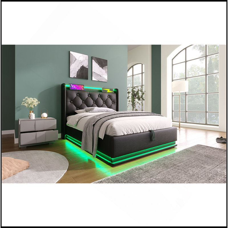 Lit simple tapissier, fonction DEL à 360 degrés, boutons / applications / télécommande, lit de rangement hydraulique avec chargement USB Type-C, noir, polyuréthane (sans matelas)