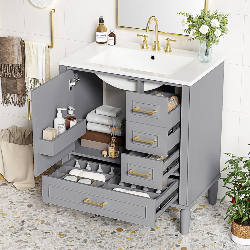Meuble-lavabo de salle de bain avec lavabo en céramique, porte à fermeture en douceur avec tablette intégrée, Gris