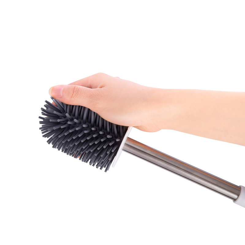 Toilet Brush With Drainage Holder Set,Flex Silicone Anti-Clog Anti-Drip Brush Head, White/Grey Colour With Stainless Steel Handle, 1-Pack With Diatomite Drying Pad