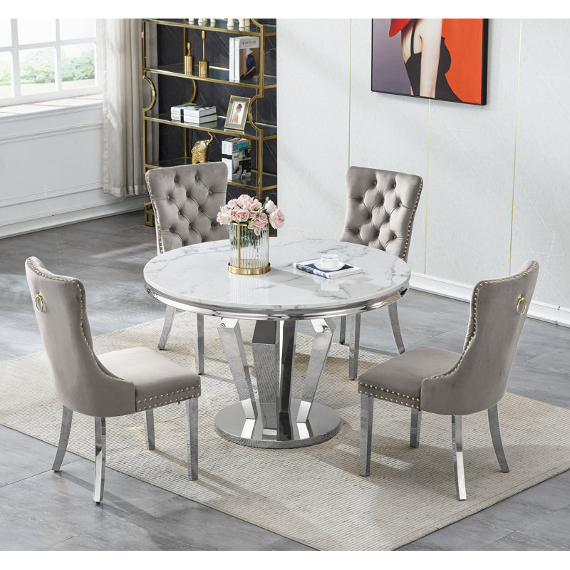 Round Dining Table Set, Faux Marble Dining Table & Velvet Chairs with Stainless Steel Pedestal, 44.88" Dining Room Table and Chairs Set, Luxury Circle Dining Table Set