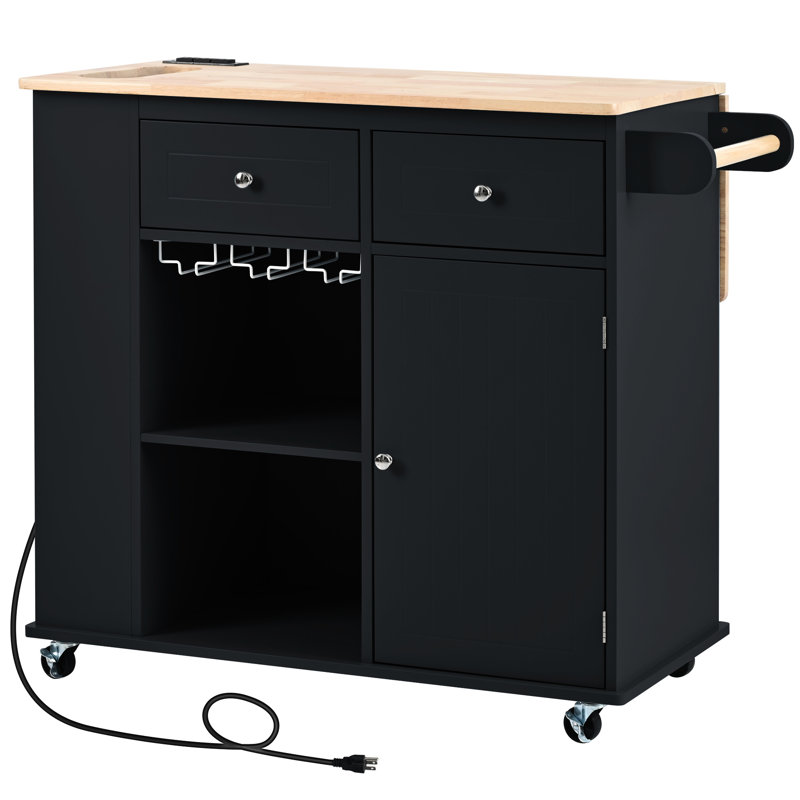 Kitchen Island With Electrical Socket & Foldable Leaf. Black. Wine Holder, Side Storage. Easy To Maintain Connection Expandable Shelf, Compartment, Modern Look