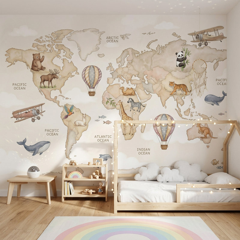Papier peint carte du monde amovible montgolfière, Texturé non collé, 120 po x 96 po