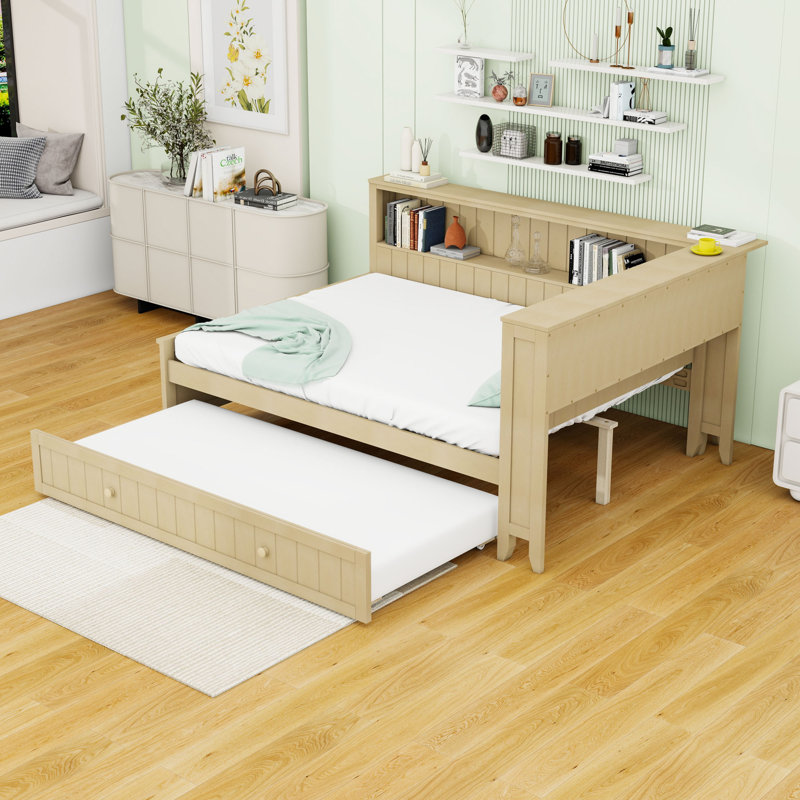 Full Wooden Daybed with Trundle, Shelves and Slats