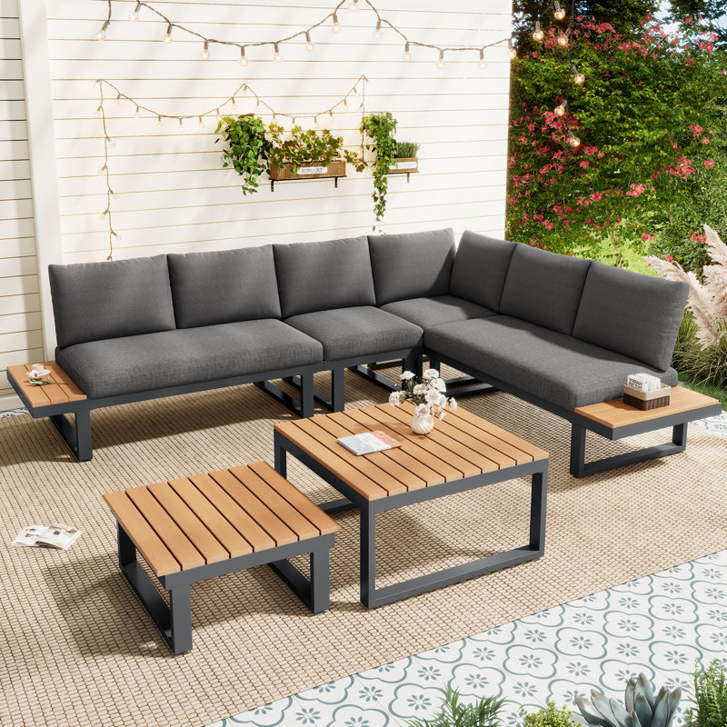 Outdoor Conversation Set 5 Places With 2 Sofas,1 Chair, 1 Corner Chair And Set Of 2 Coffee Table Grey