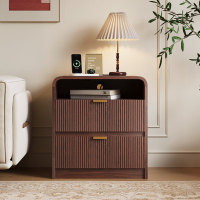 Ato 24" Fluted Nightstand with Charging Station, Wooden End Table with 2 Drawers Storage, Curved Profile Design, Modern Bedside Cabinet for Bedroom Living Room(White)