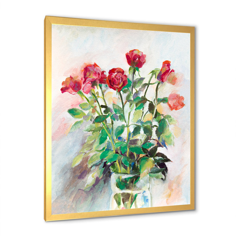 Pastel Summer Roses Vase - Peinture sur toile, H 32 po x l 16 po, Cadre photo doré