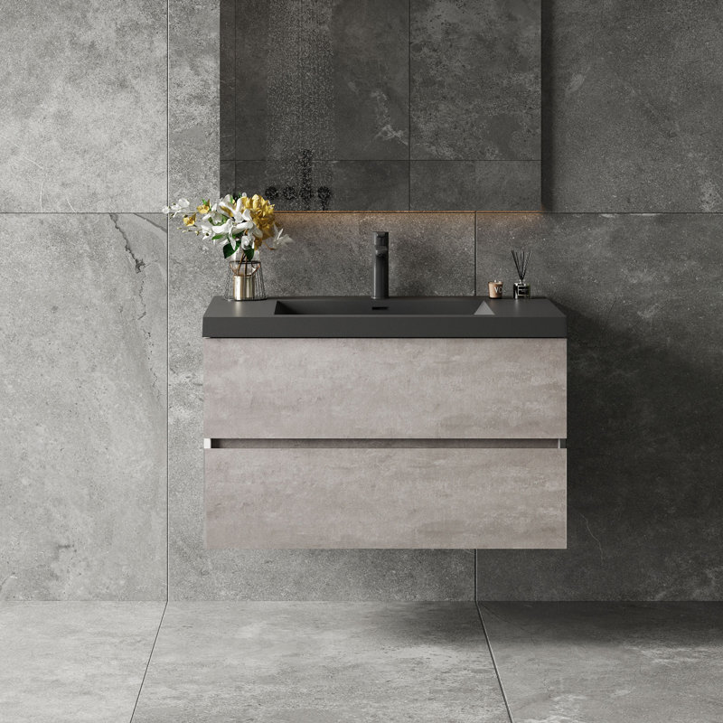 Meuble-lavabo flottant simple 36 po avec lavabo à surface solide Dhruven