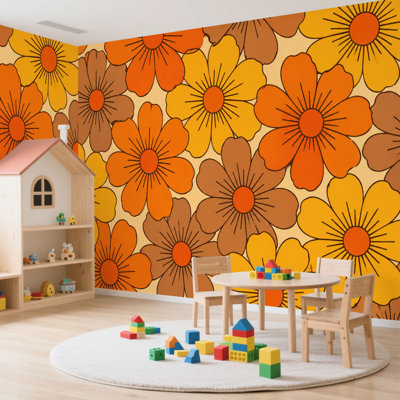 Papier peint auto-adhésif à motif floral inspiré des années 70 Cet ensemble de jaunes bruns inclus représente un moyen audacieux de décoration murale en papier autocollant amovible pour le salon. Chambre à coucher: H 100 po x l 144 po