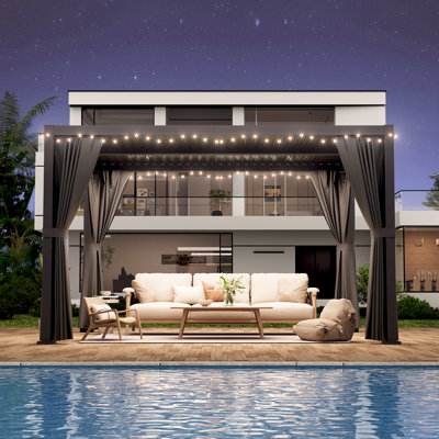 12 Ft. W X 10 Ft. D Aluminum Louvred Pergola, Outdoor Pergola With Adjustable Louvred Roof, Louvred Pergola With Waterproof Curtains And Nets For Deck Garden Yard, Pool Party