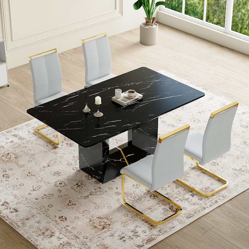 Ensemble de cuisine et salle à manger Modern, table de salle à manger en marbre avec chaises rembourrées, Noir