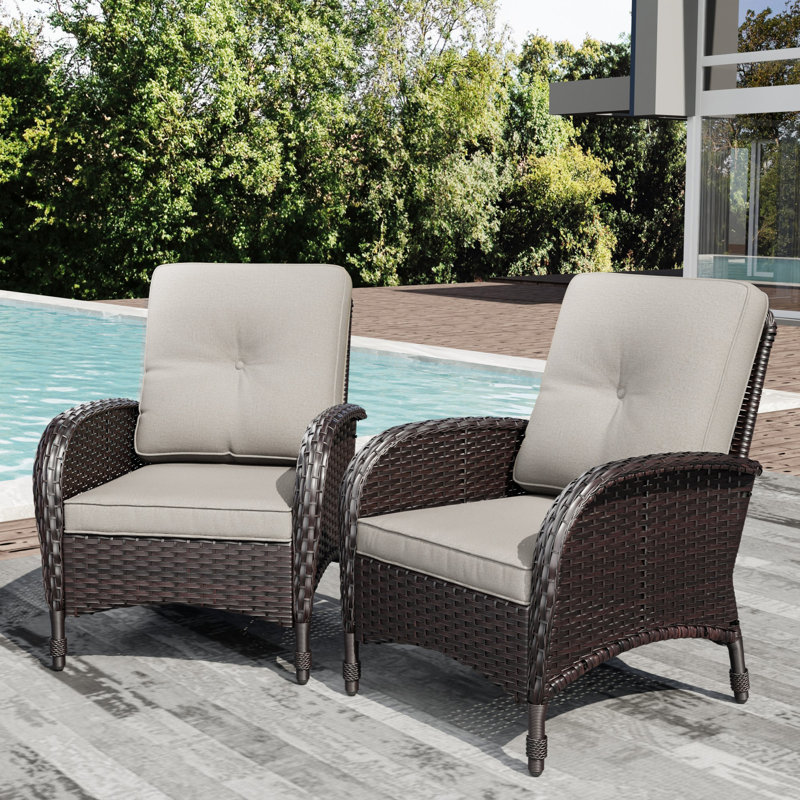 All-Weather PE Wicker Outdoor Patio Chairs with 4" Beige Cushions(Set of 2), Beige, 1