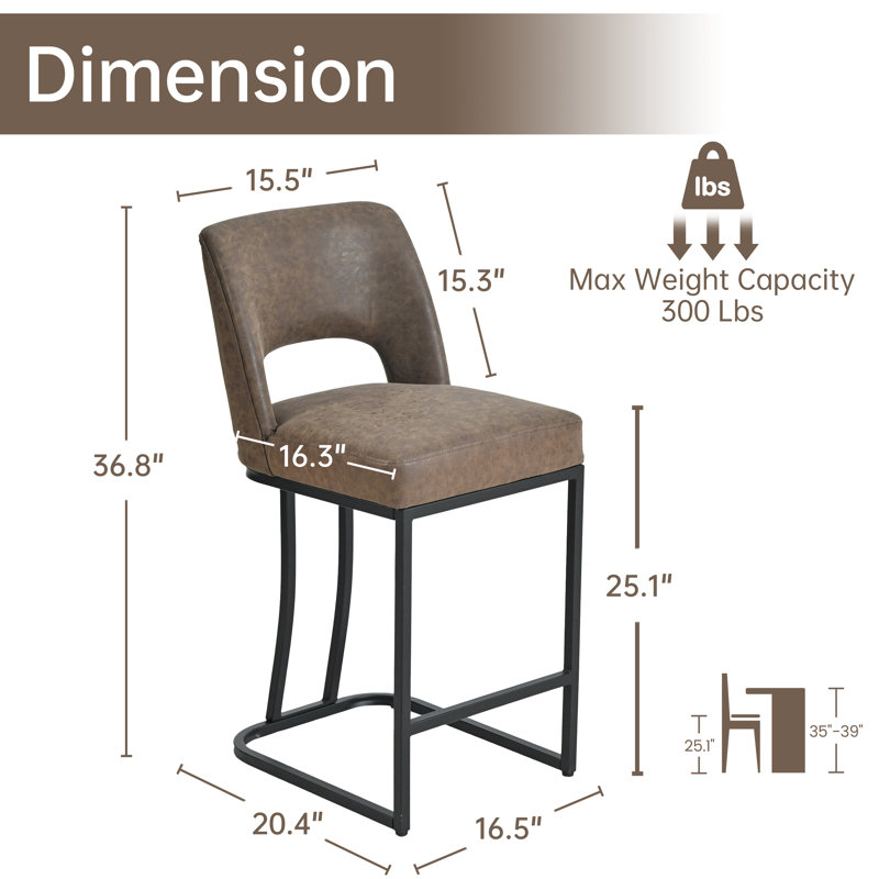 Modern Counter Height Barstools with Cutout Back, Comfy Faux Leather Kitchen Island Stool with Metal Frame, Set of 2