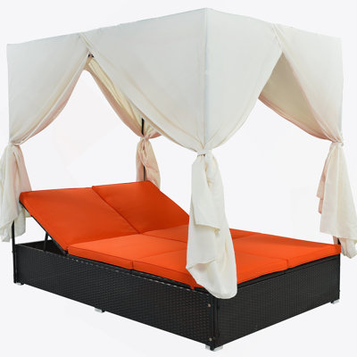 Outdoor Patio Wicker Sunbed Daybed With Cushions, Adjustable Seats