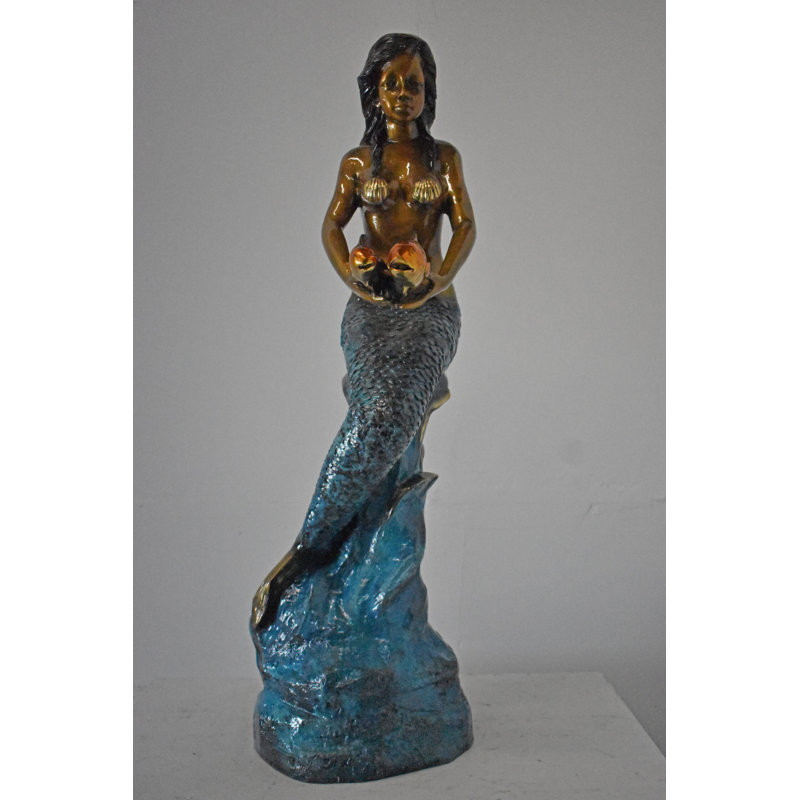Nifao Collection Mermaid Holding Two Fish Bronze Statue Colour Finish - Size: 14" x 14" x 43"H.