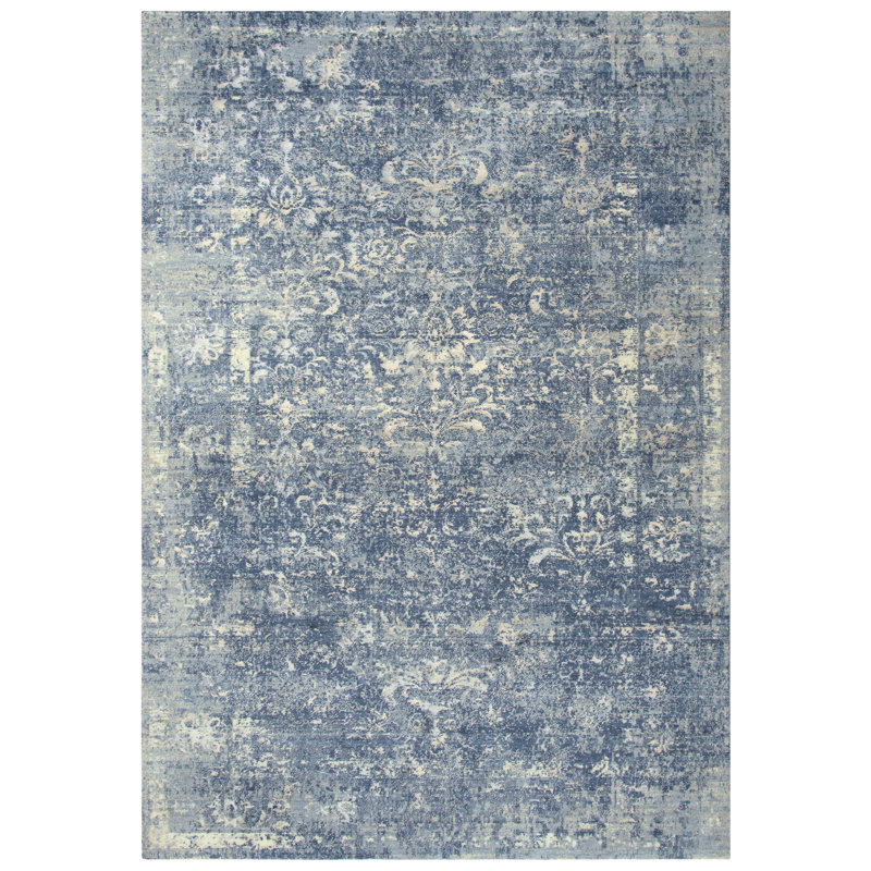 Tapis bleu/blanc en laine tissée à la machine Burkhardt, Rectangle 5 pi x 8 pi
