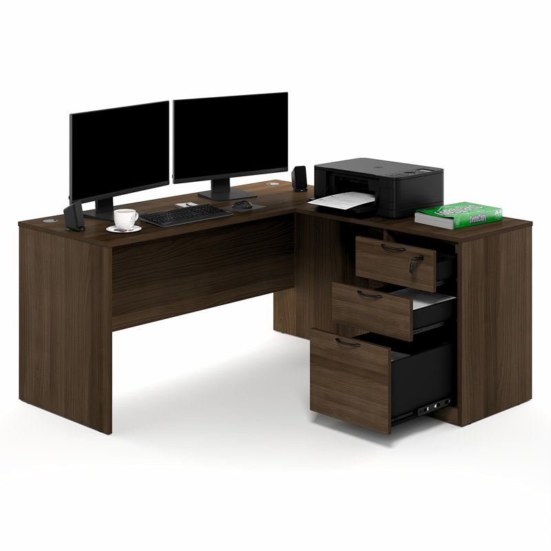 Furinno ROGER 60 Inch L-Shaped Executive Desk with File Cabinet, L-Shaped Office Desk with 3-Drawer Fixed Pedestal Filing Cabinet, Desk Cord Grommet, For Home Office, Modern Walnut