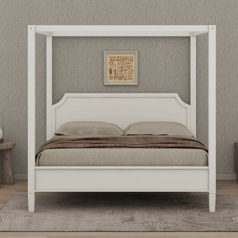 Modern Wooden Canopy Bed Frame With Headboard, 4-Post Platform Bed With Solid Wood Slats Support, King, White