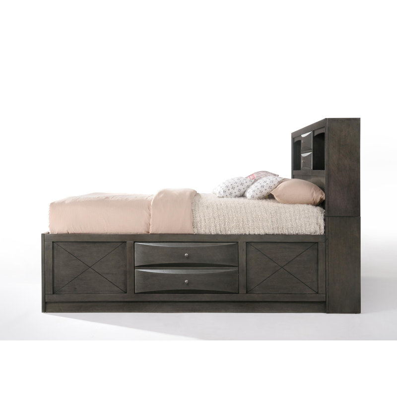 Gray Oak Upholstered King Captain's Bed with Bookcase Storage