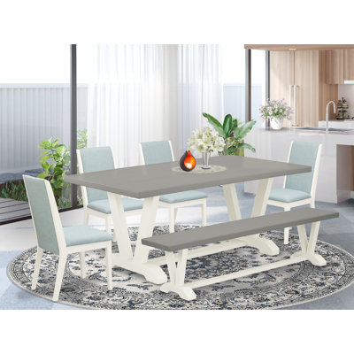 6-Piece Dining Room Set Contains a Cement Kitchen Table and a Dinner Bench and 4 Baby Blue Linen Fabric Dining Chairs with High Back - Wire Brushed Linen White