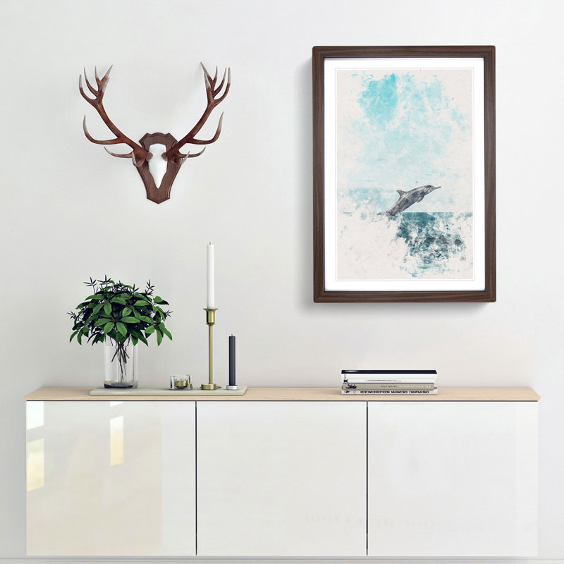 Jumping Dolphin Watercolour 1 Piece Single Picture Frame Painting on MDF, 45cm H x 33cm W x 2cm D, Walnut Framed