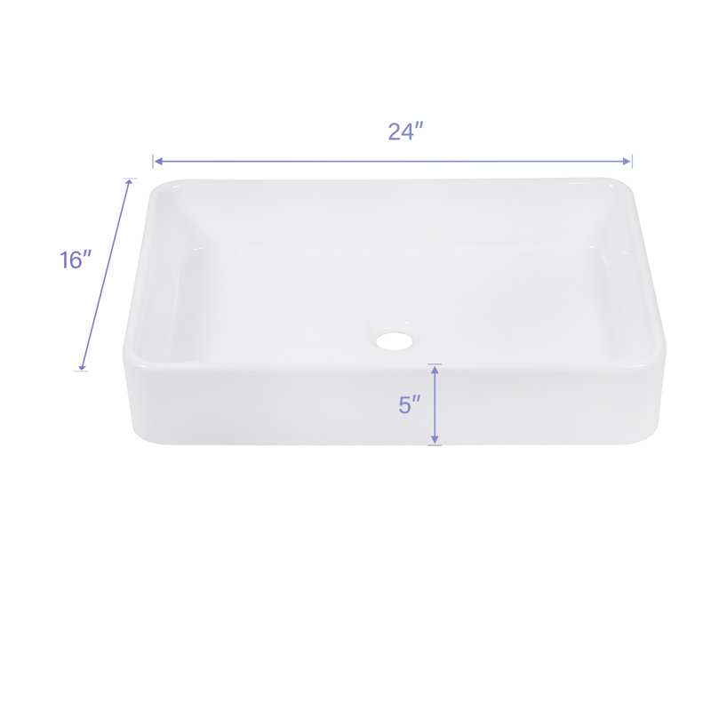 24"X16" White Ceramic Rectangular Vessel Bathroom Sink