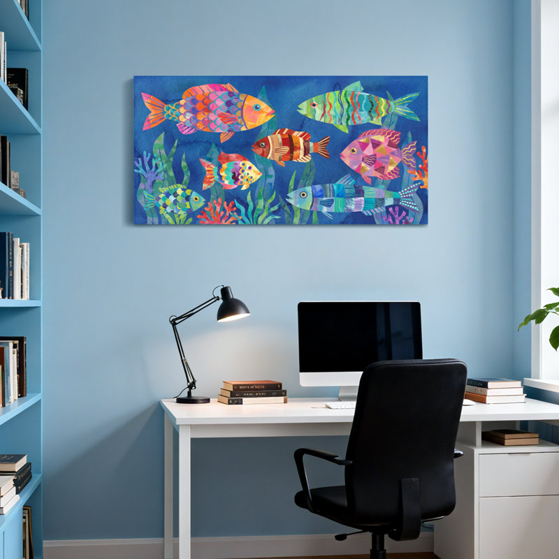 Animals Colorful Fish Underwater Scene Pattern Print, 16" H x 32" W