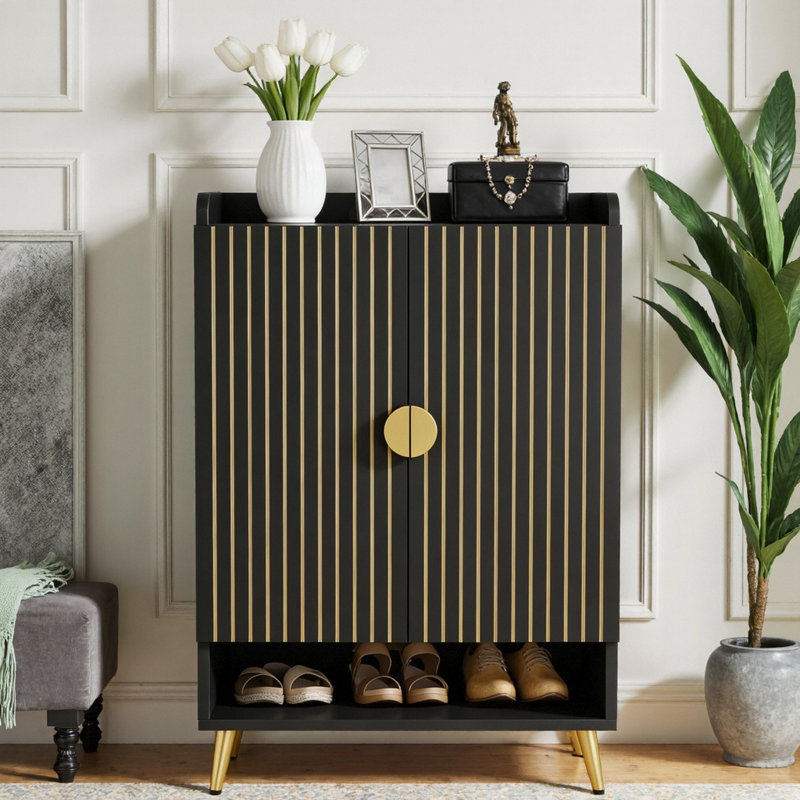 Armoire de rangement à 7 niveaux avec accents dorés - Range-chaussures réglable, organisateur de cuisine et de vestibule avec portes