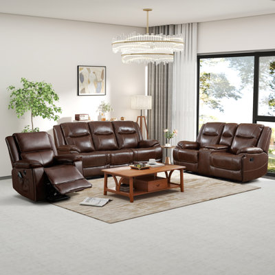 Salazar 3 Piece Modern Premium Genuine Leather Reclining Living Room Set With Cupholders