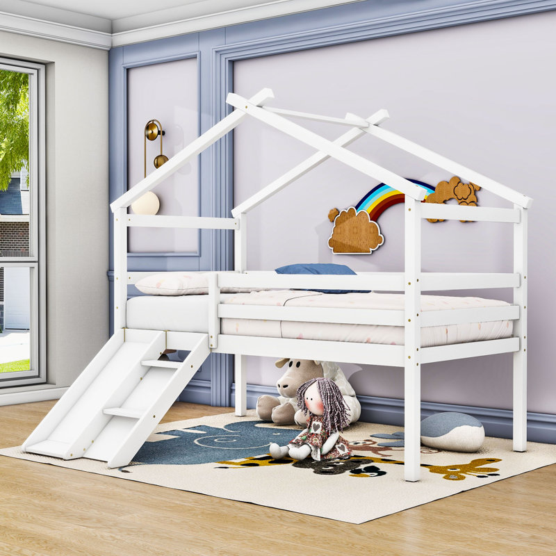 Alvonte Twin Size House Loft Bed With Slide, Ladder And Guardrails, White