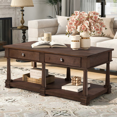 Wooden Coffee Table with 2 Storage Drawers & Lower Open Shelf, Rectangular Cocktail Table with Solid Wood Legs for Living Room
