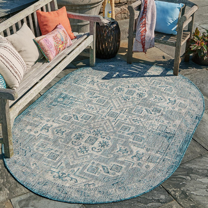 Tapis bleu sarcelle intérieur / extérieur Amhlaidh Southwestern, Ovale 3 pi 3 po x 5 pi 3 po