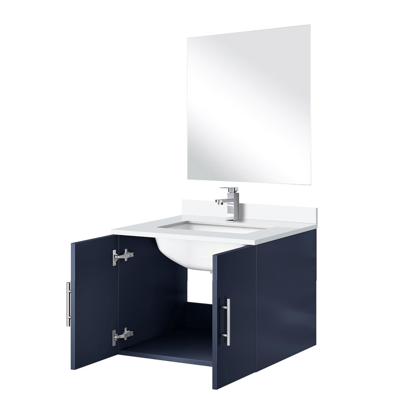 Meuble-lavabo simple bleu marine l 24 po x P 22 po, comptoir en quartz blanc, miroir et robinet 18 po