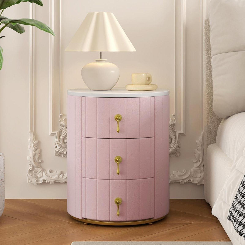 Table de chevet rembourrée avec 3 tiroirs, table de chevet ronde avec poignées en métal, table de chevet à dessus marbré pour la chambre à coucher, entièrement assemblée sauf les poignées, rose