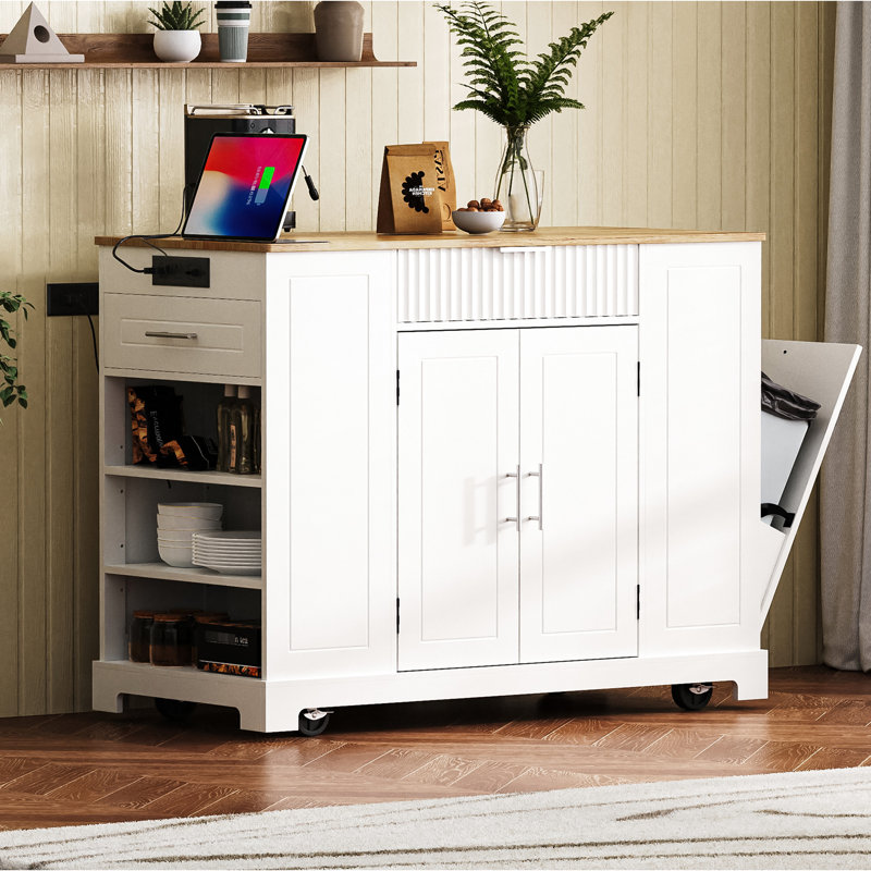 Kitchen Island With 10 Trash Can Space, 3 Drawers, Open Shelves, Power Outlets, White Design Cart Adjustable Side , Ports