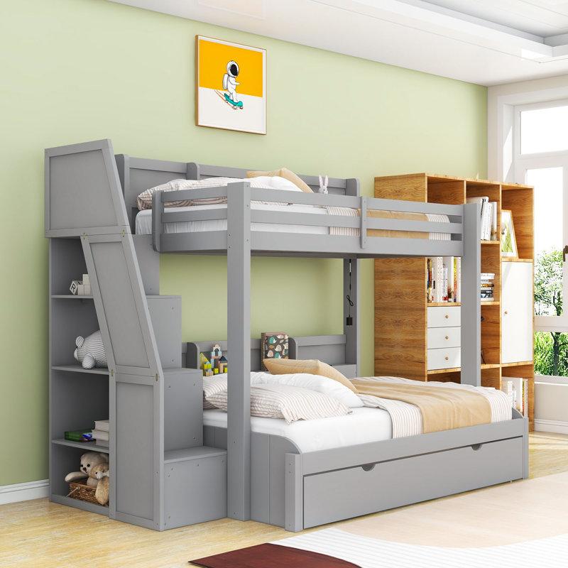 Lit simple superposé au dessus d'un lit double avec escalier de rangement, lit gigogne simple, DEL, USB et tablettes, Gris