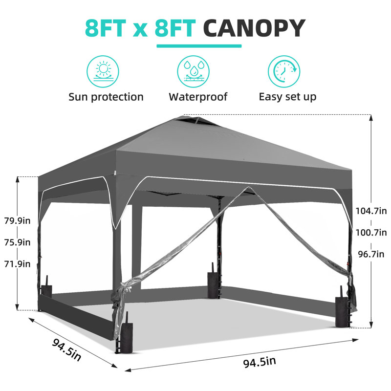 8 Ft X 8 Ft One-Push Set Up Canopy Tents With Sidewalls And Sandbags, Gray, 8 ft. W x 8 ft. D