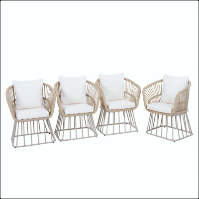 Chaise de salle à manger d'extérieur avec osier au fini teck, structure en acier beige et coussin