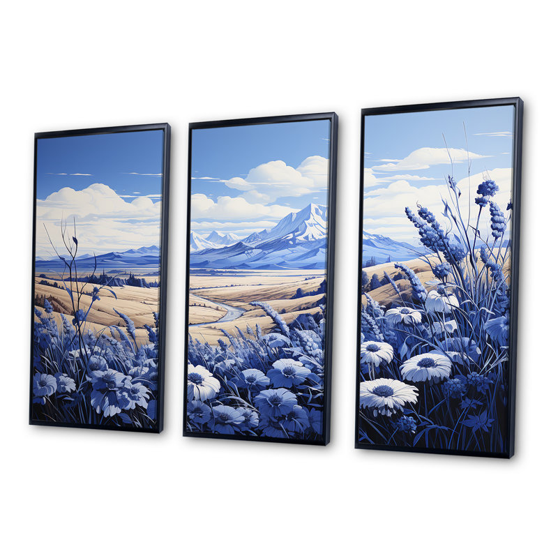 «Mountain Cornflowers Field Charm», ensemble d'art mural sur toile, Cadre flottant noir, 40" H x 60" W x 1" D
