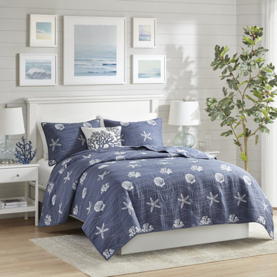 Ensemble de courtepointe brodée réversible en coton 4 pièces Seaside