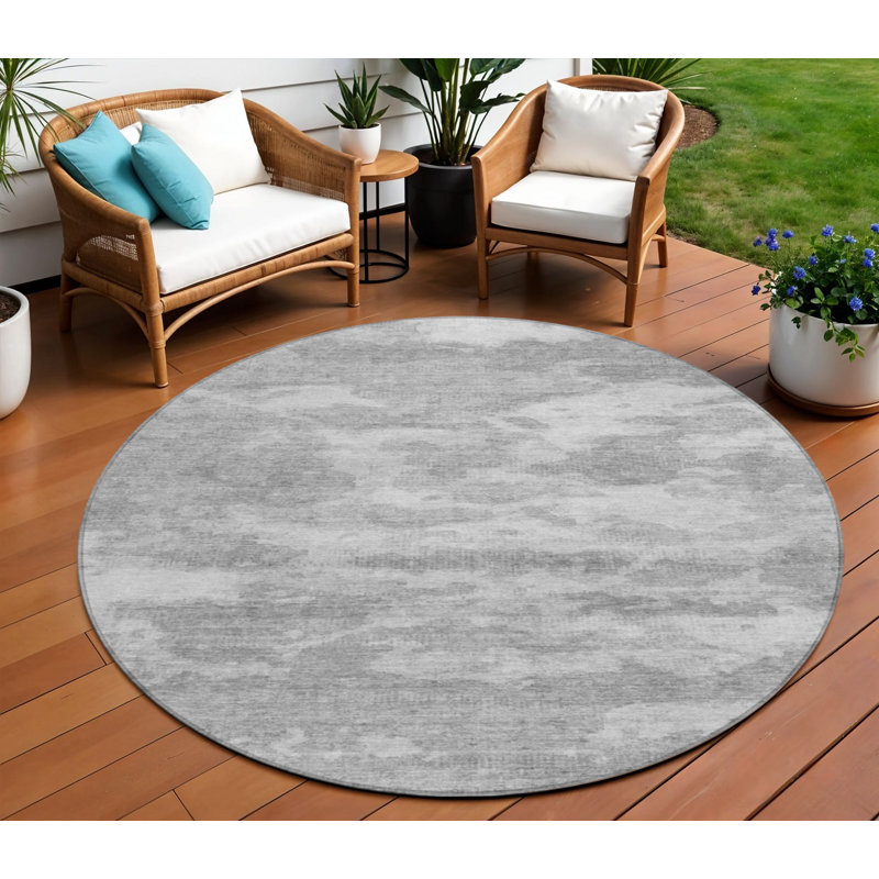 Tapis extérieur rond lavable abstrait argenté et gris 8 pi