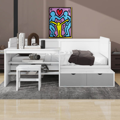 Dancy Twin Size Daybed With Desk And Shelves, Multi-Functional Bed Bed Frame With Lockers And Matching Stool
