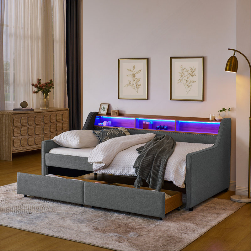 Canapé-lit simple rembourré avec trois lumières DEL, une tête de lit réglable avec rangement, deux tiroirs de rangement et un système de chargement sans fil, un cadre de canapé-lit rembourré en lin,